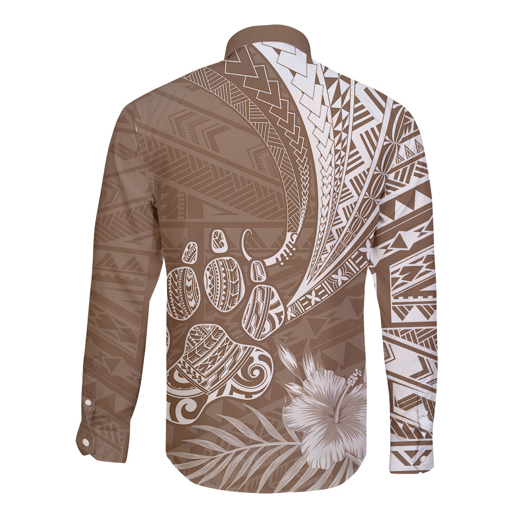 Personalised Polynesian Pacific Bulldog Long Sleeve Button Shirt With Brown Hawaii Tribal Tattoo Patterns - Wonder Print Shop