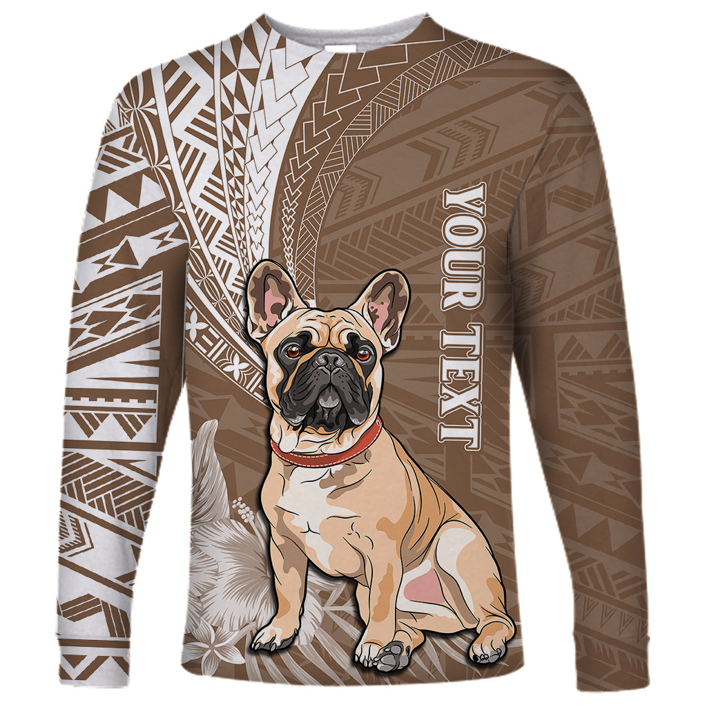 Personalised Polynesian Pacific Bulldog Long Sleeve Shirt With Brown Hawaii Tribal Tattoo Patterns - Wonder Print Shop