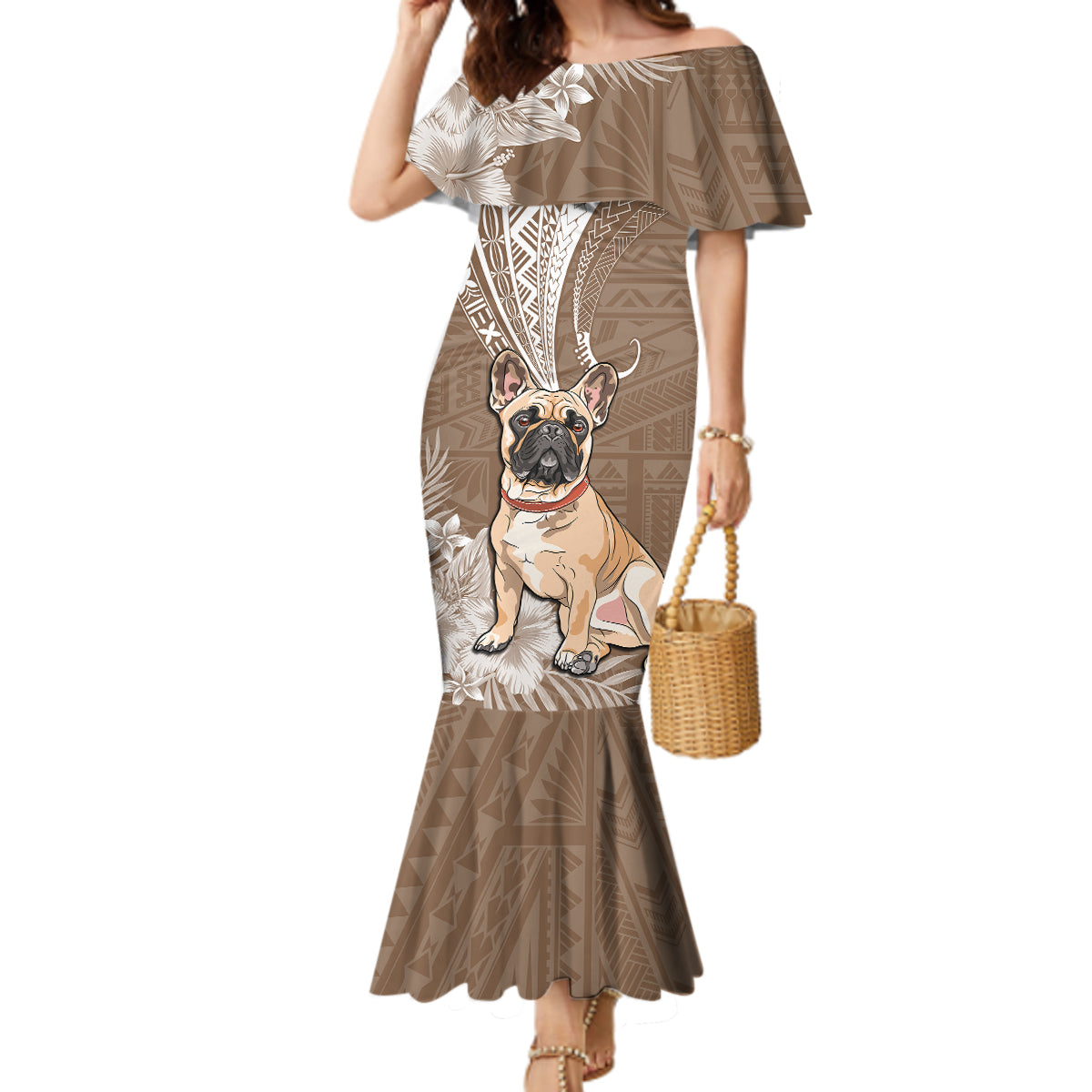 Personalised Polynesian Pacific Bulldog Mermaid Dress With Brown Hawaii Tribal Tattoo Patterns - Wonder Print Shop
