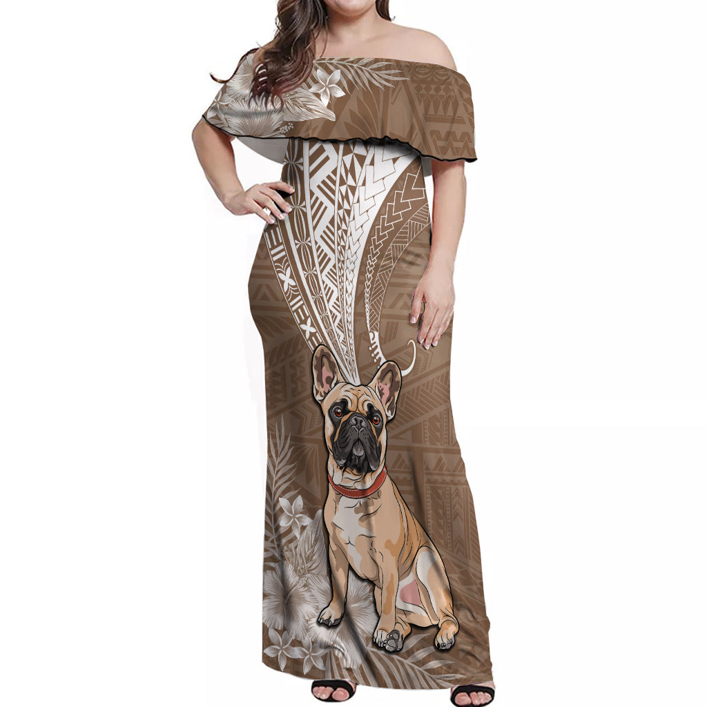 Personalised Polynesian Pacific Bulldog Off Shoulder Maxi Dress With Brown Hawaii Tribal Tattoo Patterns - Wonder Print Shop