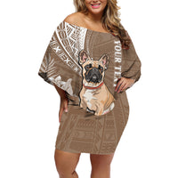 Personalised Polynesian Pacific Bulldog Off Shoulder Short Dress With Brown Hawaii Tribal Tattoo Patterns - Wonder Print Shop