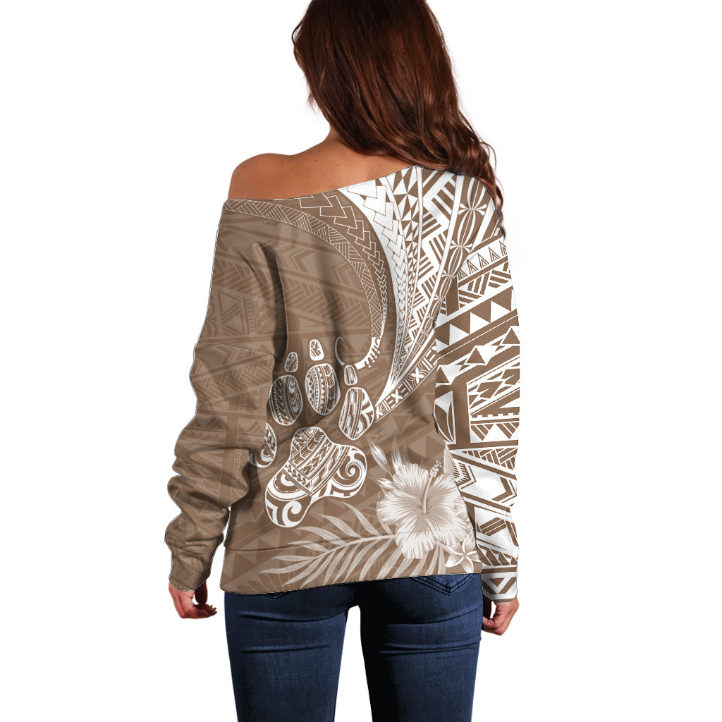 Personalised Polynesian Pacific Bulldog Off Shoulder Sweater With Brown Hawaii Tribal Tattoo Patterns - Wonder Print Shop