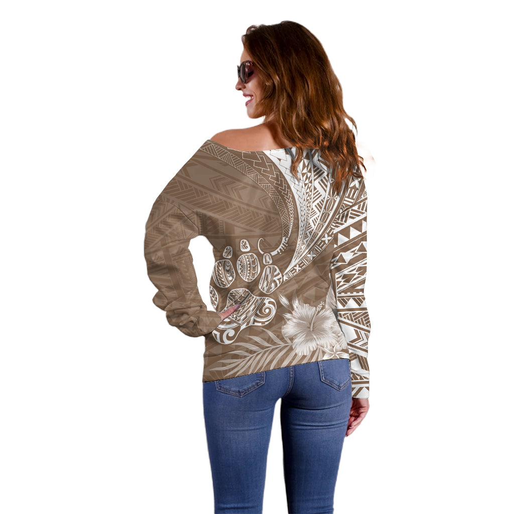Personalised Polynesian Pacific Bulldog Off Shoulder Sweater With Brown Hawaii Tribal Tattoo Patterns - Wonder Print Shop