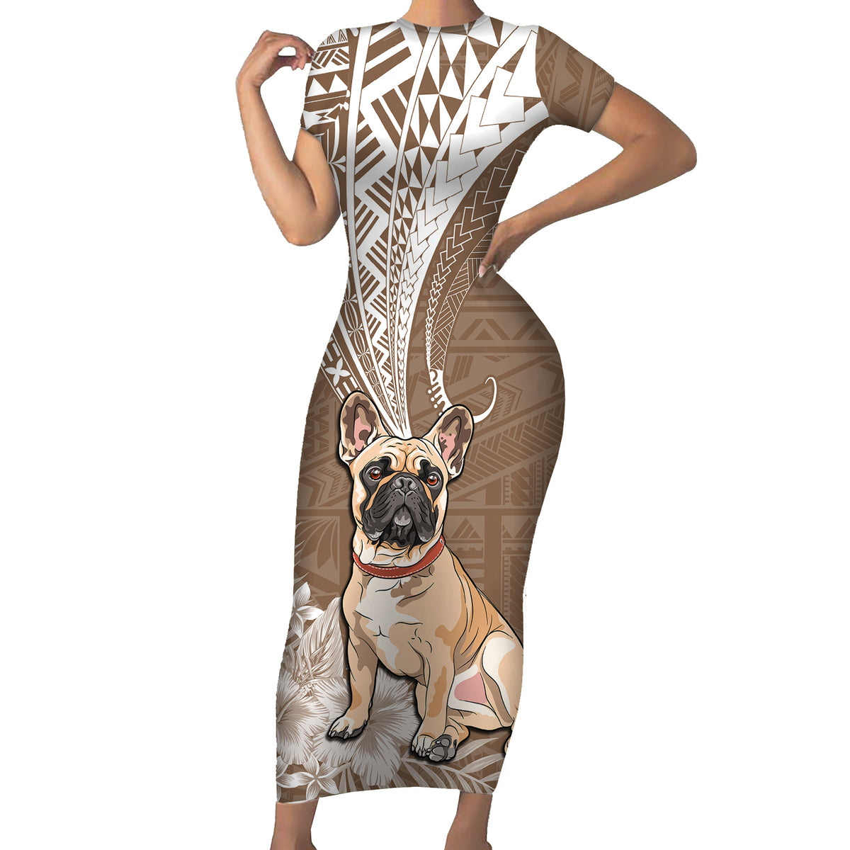 Personalised Polynesian Pacific Bulldog Short Sleeve Bodycon Dress With Brown Hawaii Tribal Tattoo Patterns - Wonder Print Shop
