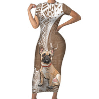 Personalised Polynesian Pacific Bulldog Short Sleeve Bodycon Dress With Brown Hawaii Tribal Tattoo Patterns - Wonder Print Shop