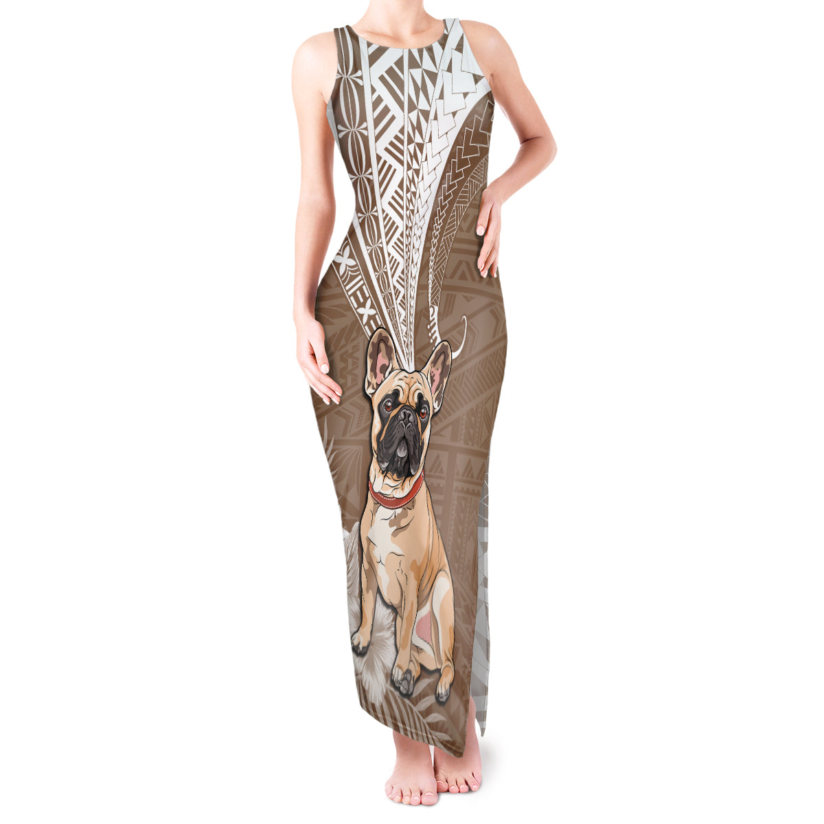 Personalised Polynesian Pacific Bulldog Tank Maxi Dress With Brown Hawaii Tribal Tattoo Patterns - Wonder Print Shop