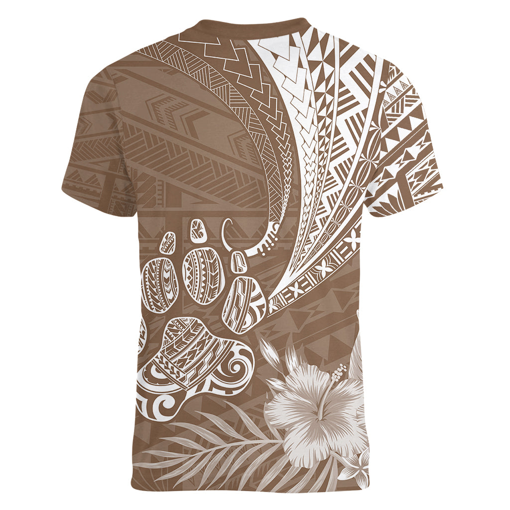 Personalised Polynesian Pacific Bulldog Women V Neck T Shirt With Brown Hawaii Tribal Tattoo Patterns - Wonder Print Shop