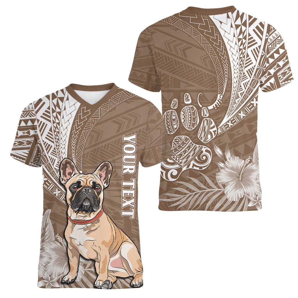Personalised Polynesian Pacific Bulldog Women V Neck T Shirt With Brown Hawaii Tribal Tattoo Patterns - Wonder Print Shop