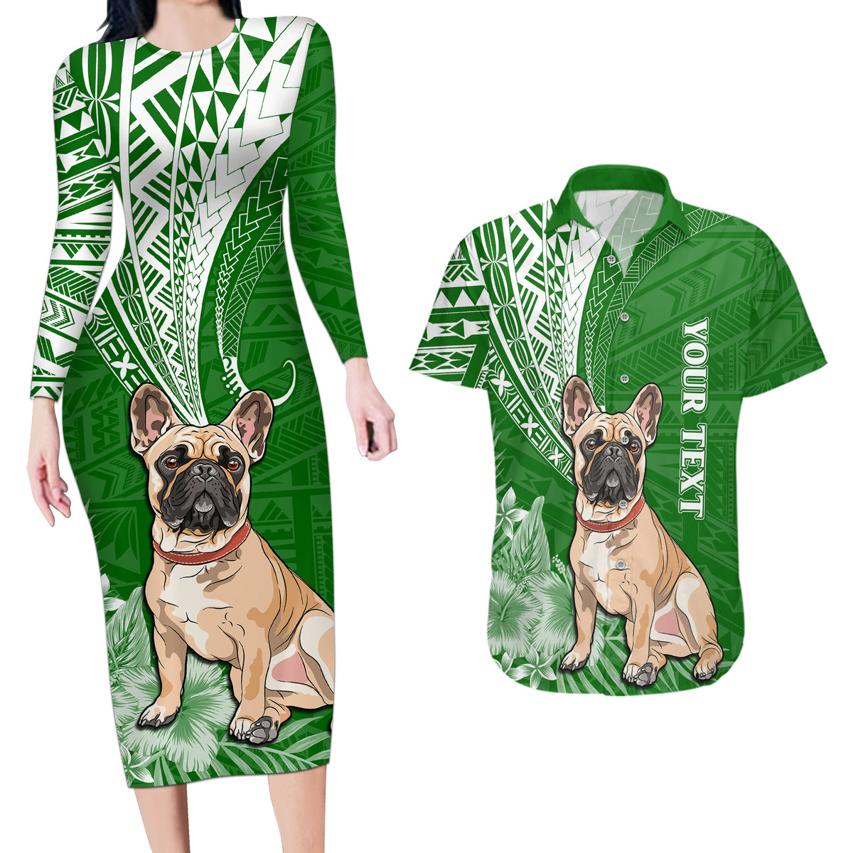 Personalised Polynesian Pacific Bulldog Couples Matching Long Sleeve Bodycon Dress and Hawaiian Shirt With Emerald Hawaii Tribal Tattoo Patterns LT7 - Wonder Print Shop