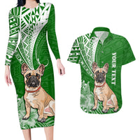 Personalised Polynesian Pacific Bulldog Couples Matching Long Sleeve Bodycon Dress and Hawaiian Shirt With Emerald Hawaii Tribal Tattoo Patterns LT7 - Wonder Print Shop