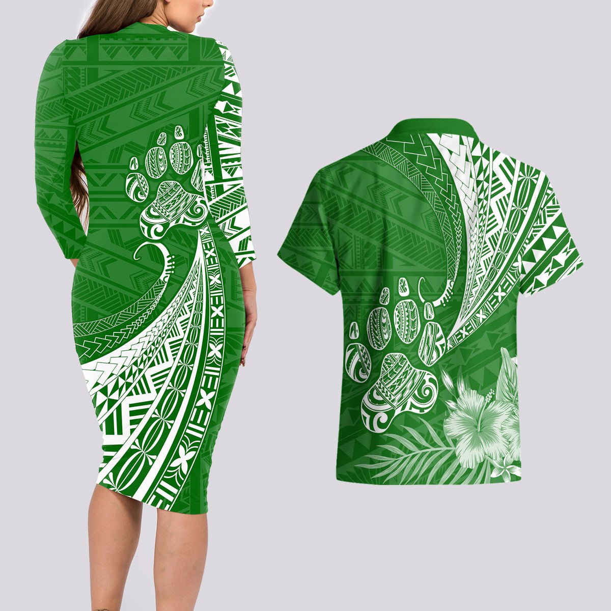 Personalised Polynesian Pacific Bulldog Couples Matching Long Sleeve Bodycon Dress and Hawaiian Shirt With Emerald Hawaii Tribal Tattoo Patterns LT7 - Wonder Print Shop