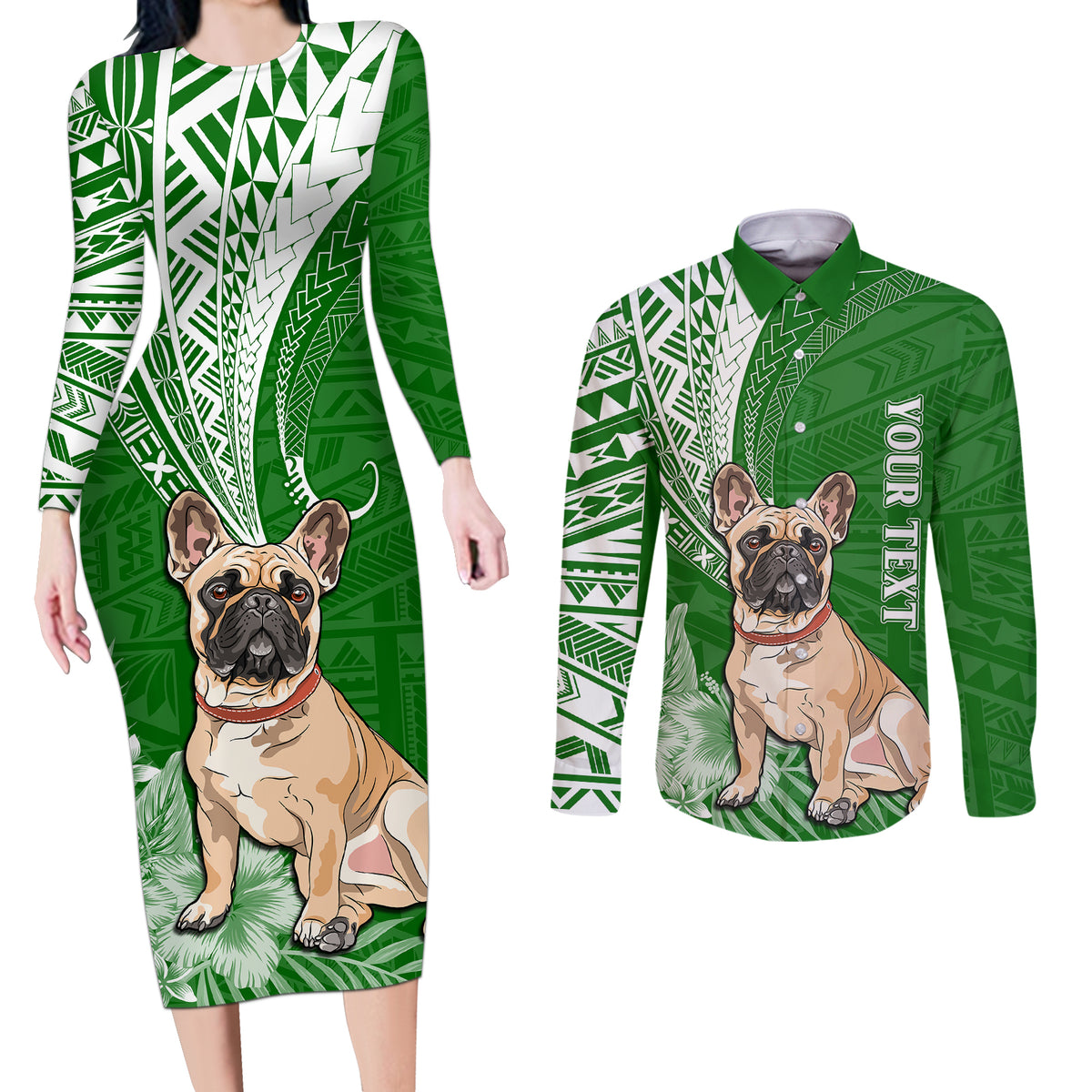 Personalised Polynesian Pacific Bulldog Couples Matching Long Sleeve Bodycon Dress and Long Sleeve Button Shirts With Emerald Hawaii Tribal Tattoo Patterns LT7 - Wonder Print Shop