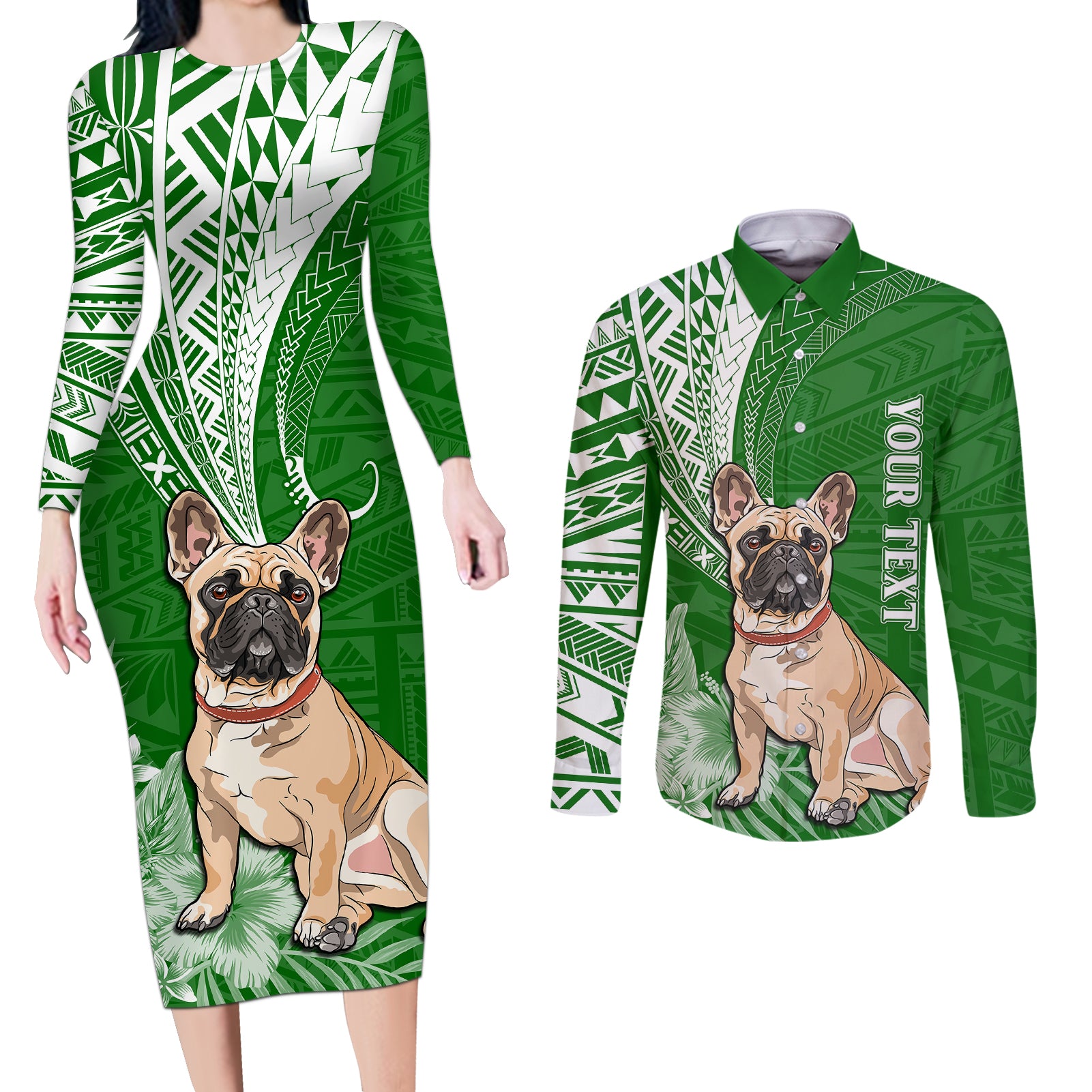 Personalised Polynesian Pacific Bulldog Couples Matching Long Sleeve Bodycon Dress and Long Sleeve Button Shirts With Emerald Hawaii Tribal Tattoo Patterns LT7 - Wonder Print Shop