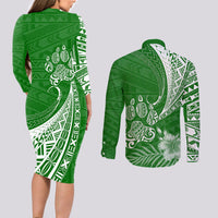 Personalised Polynesian Pacific Bulldog Couples Matching Long Sleeve Bodycon Dress and Long Sleeve Button Shirts With Emerald Hawaii Tribal Tattoo Patterns LT7 - Wonder Print Shop