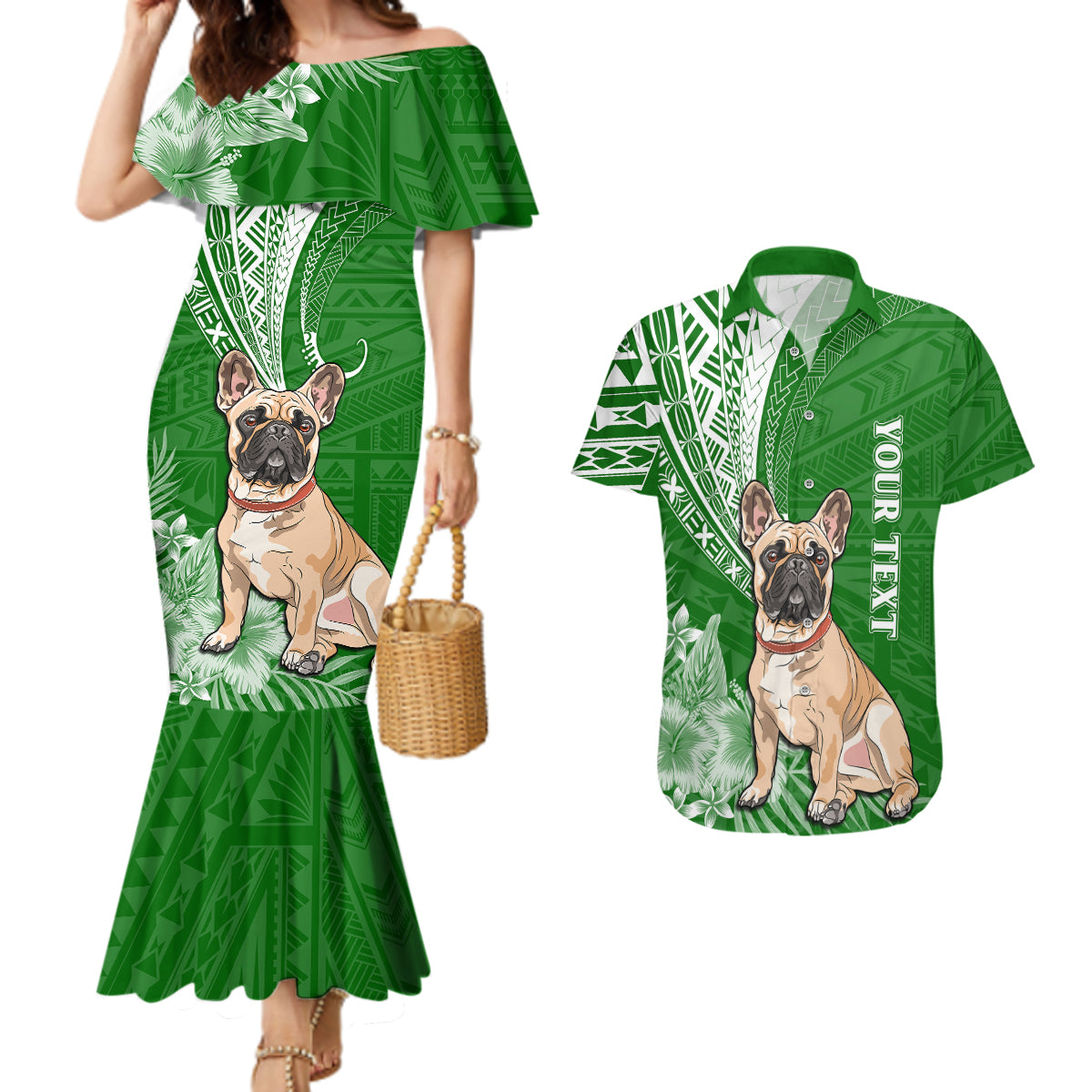 Personalised Polynesian Pacific Bulldog Couples Matching Mermaid Dress And Hawaiian Shirt With Emerald Hawaii Tribal Tattoo Patterns LT7 - Wonder Print Shop