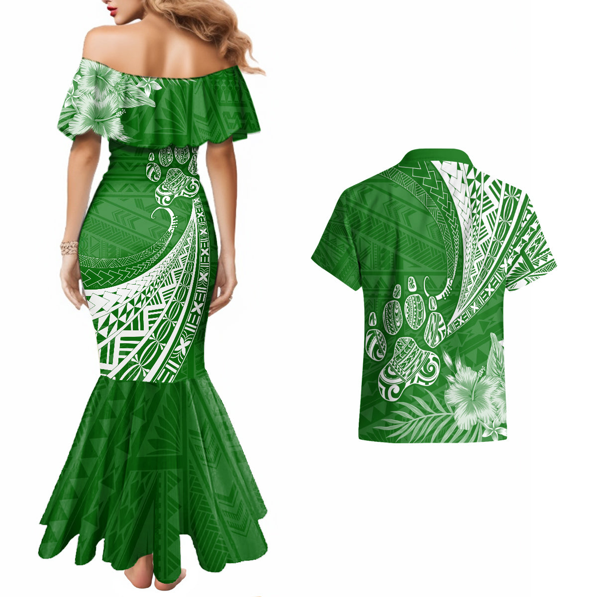 Personalised Polynesian Pacific Bulldog Couples Matching Mermaid Dress And Hawaiian Shirt With Emerald Hawaii Tribal Tattoo Patterns LT7 - Wonder Print Shop