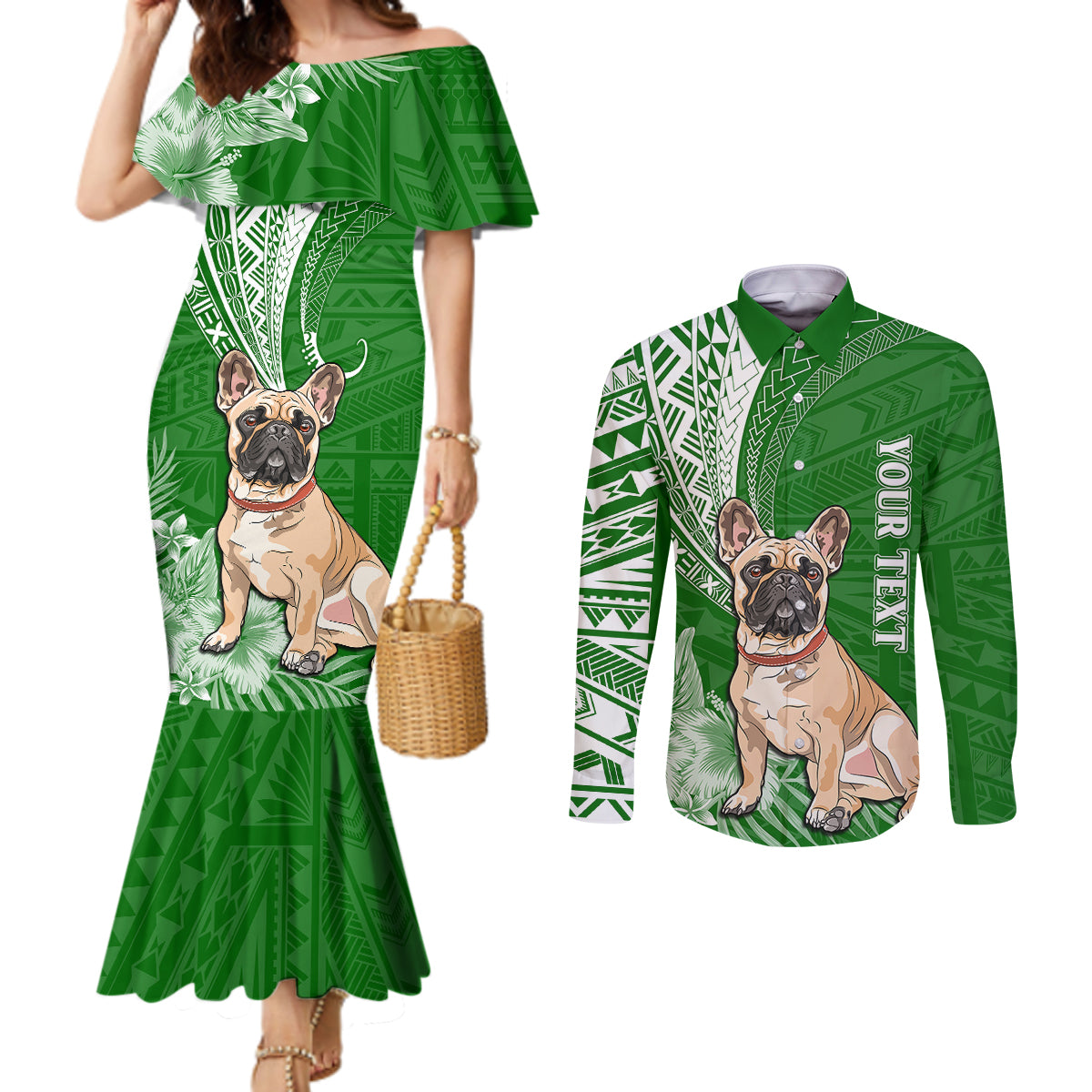 personalised-polynesian-pacific-bulldog-couples-matching-mermaid-dress-and-long-sleeve-button-shirts-with-emerald-hawaii-tribal-tattoo-patterns