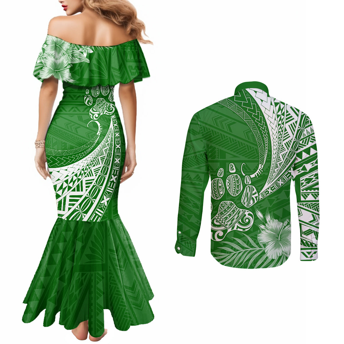 personalised-polynesian-pacific-bulldog-couples-matching-mermaid-dress-and-long-sleeve-button-shirts-with-emerald-hawaii-tribal-tattoo-patterns