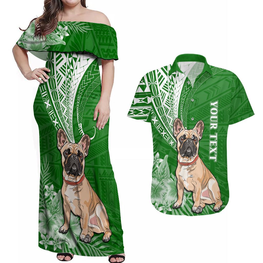Personalised Polynesian Pacific Bulldog Couples Matching Off Shoulder Maxi Dress and Hawaiian Shirt With Emerald Hawaii Tribal Tattoo Patterns LT7 - Wonder Print Shop