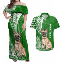 Personalised Polynesian Pacific Bulldog Couples Matching Off Shoulder Maxi Dress and Hawaiian Shirt With Emerald Hawaii Tribal Tattoo Patterns LT7 - Wonder Print Shop