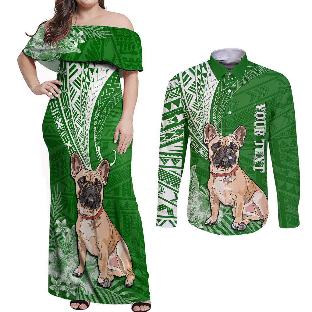 Personalised Polynesian Pacific Bulldog Couples Matching Off Shoulder Maxi Dress and Long Sleeve Button Shirts With Emerald Hawaii Tribal Tattoo Patterns LT7 - Wonder Print Shop