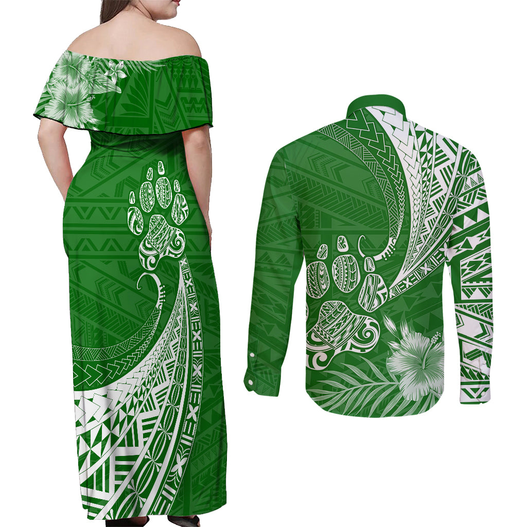 Personalised Polynesian Pacific Bulldog Couples Matching Off Shoulder Maxi Dress and Long Sleeve Button Shirts With Emerald Hawaii Tribal Tattoo Patterns LT7 - Wonder Print Shop