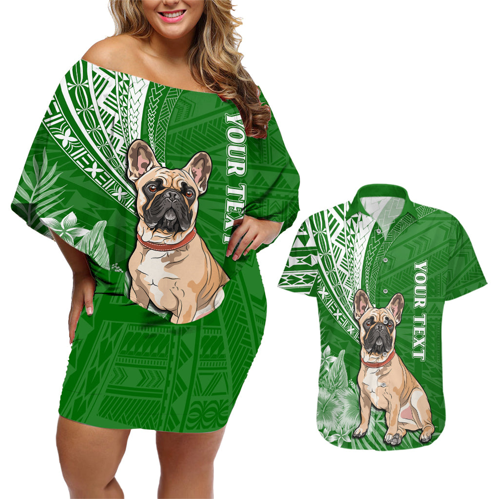 Personalised Polynesian Pacific Bulldog Couples Matching Off Shoulder Short Dress and Hawaiian Shirt With Emerald Hawaii Tribal Tattoo Patterns LT7 - Wonder Print Shop