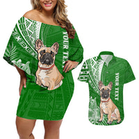 Personalised Polynesian Pacific Bulldog Couples Matching Off Shoulder Short Dress and Hawaiian Shirt With Emerald Hawaii Tribal Tattoo Patterns LT7 - Wonder Print Shop
