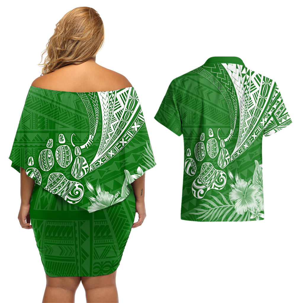Personalised Polynesian Pacific Bulldog Couples Matching Off Shoulder Short Dress and Hawaiian Shirt With Emerald Hawaii Tribal Tattoo Patterns LT7 - Wonder Print Shop