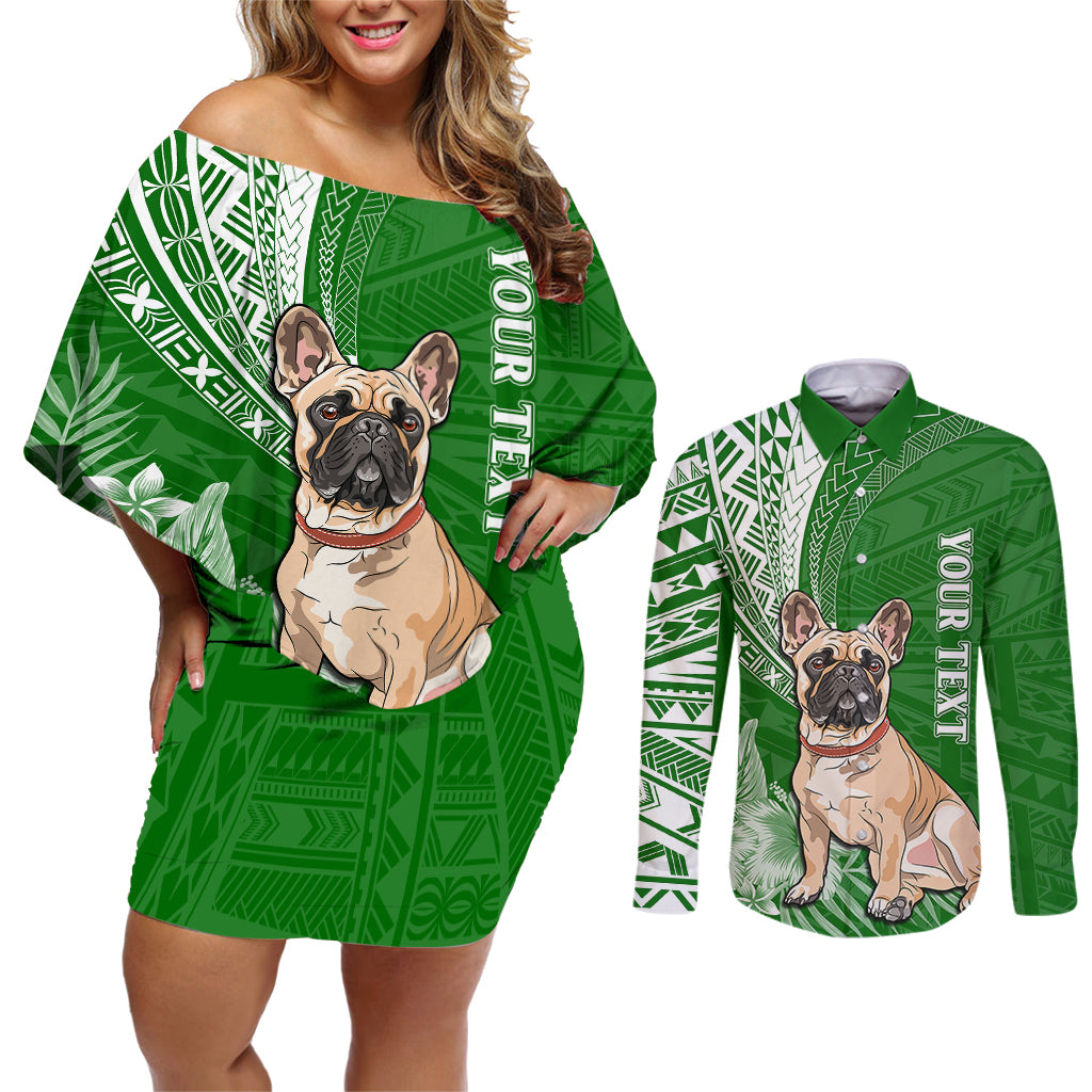 Personalised Polynesian Pacific Bulldog Couples Matching Off Shoulder Short Dress and Long Sleeve Button Shirts With Emerald Hawaii Tribal Tattoo Patterns LT7 - Wonder Print Shop