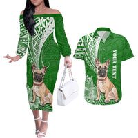 Personalised Polynesian Pacific Bulldog Couples Matching Off The Shoulder Long Sleeve Dress and Hawaiian Shirt With Emerald Hawaii Tribal Tattoo Patterns LT7 - Wonder Print Shop