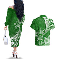 Personalised Polynesian Pacific Bulldog Couples Matching Off The Shoulder Long Sleeve Dress and Hawaiian Shirt With Emerald Hawaii Tribal Tattoo Patterns LT7 - Wonder Print Shop