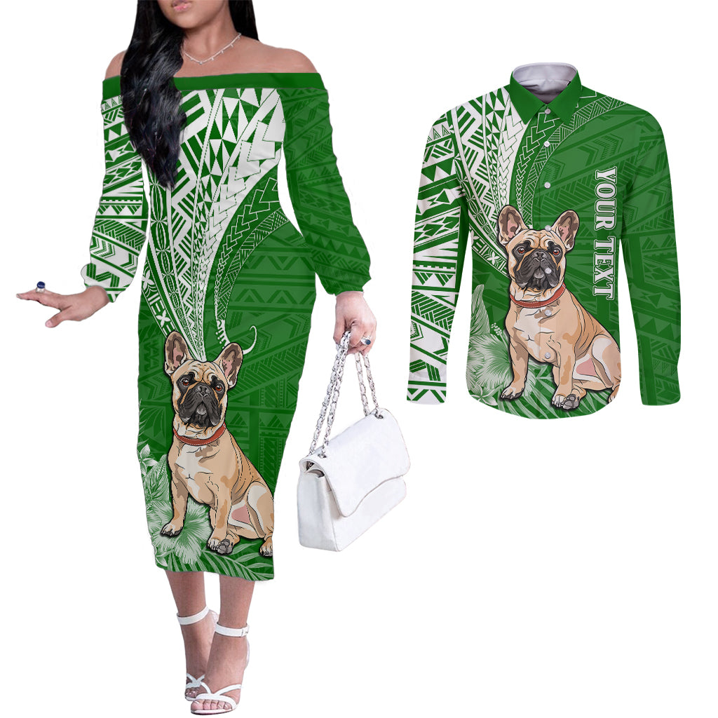 personalised-polynesian-pacific-bulldog-couples-matching-off-the-shoulder-long-sleeve-dress-and-long-sleeve-button-shirts-with-emerald-hawaii-tribal-tattoo-patterns