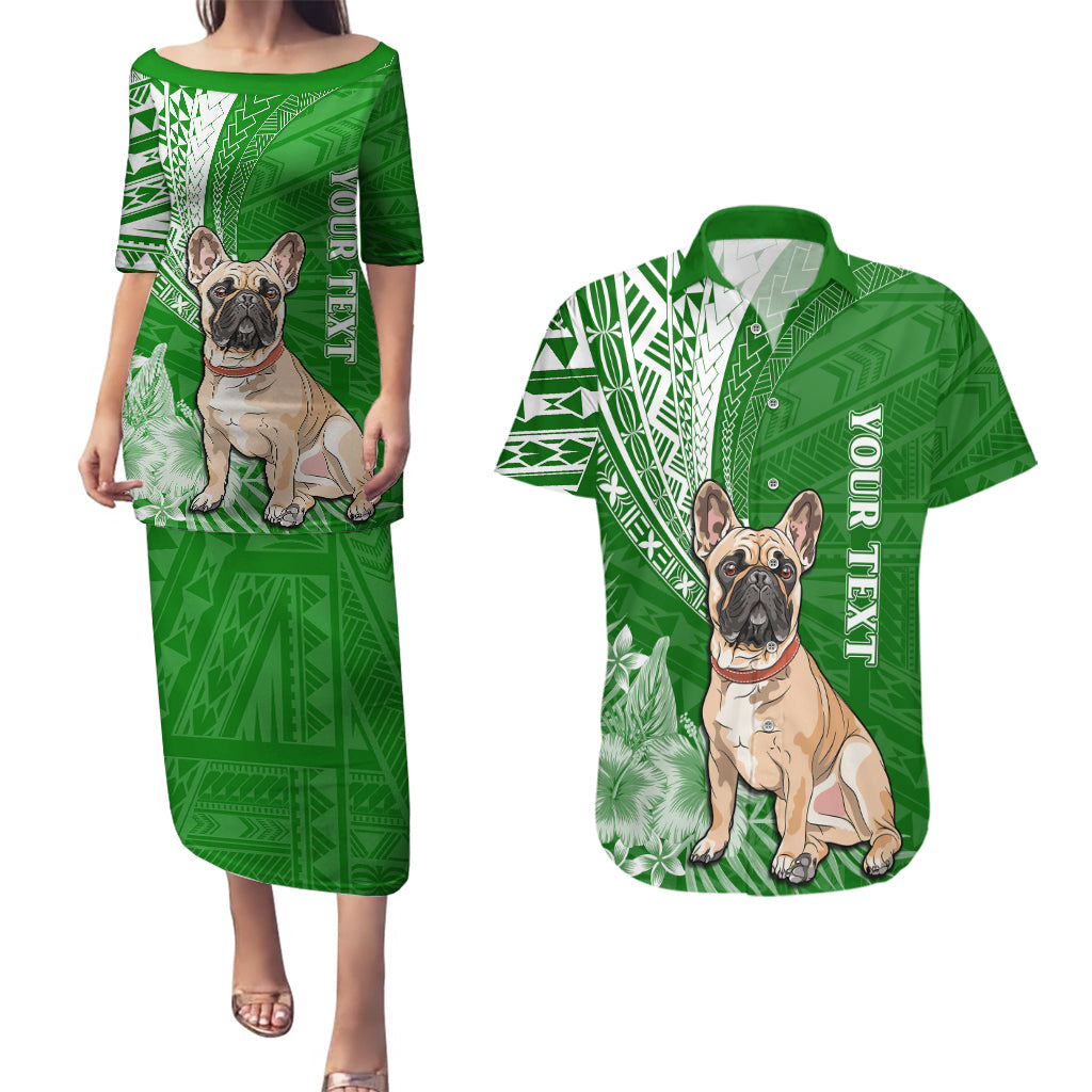 Personalised Polynesian Pacific Bulldog Couples Matching Puletasi Dress and Hawaiian Shirt With Emerald Hawaii Tribal Tattoo Patterns LT7 - Wonder Print Shop