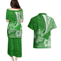 Personalised Polynesian Pacific Bulldog Couples Matching Puletasi Dress and Hawaiian Shirt With Emerald Hawaii Tribal Tattoo Patterns LT7 - Wonder Print Shop