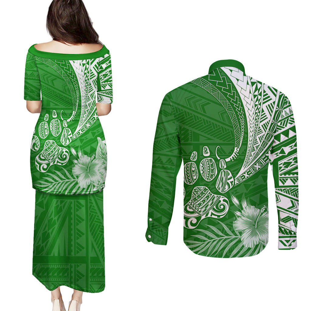 Personalised Polynesian Pacific Bulldog Couples Matching Puletasi Dress and Long Sleeve Button Shirts With Emerald Hawaii Tribal Tattoo Patterns LT7 - Wonder Print Shop