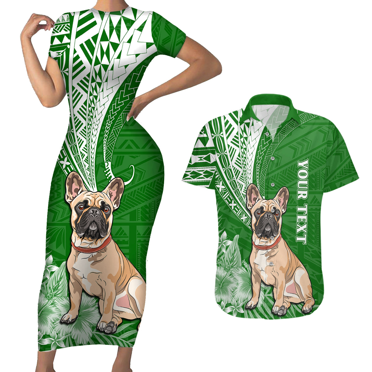 Personalised Polynesian Pacific Bulldog Couples Matching Short Sleeve Bodycon Dress and Hawaiian Shirt With Emerald Hawaii Tribal Tattoo Patterns LT7 - Wonder Print Shop