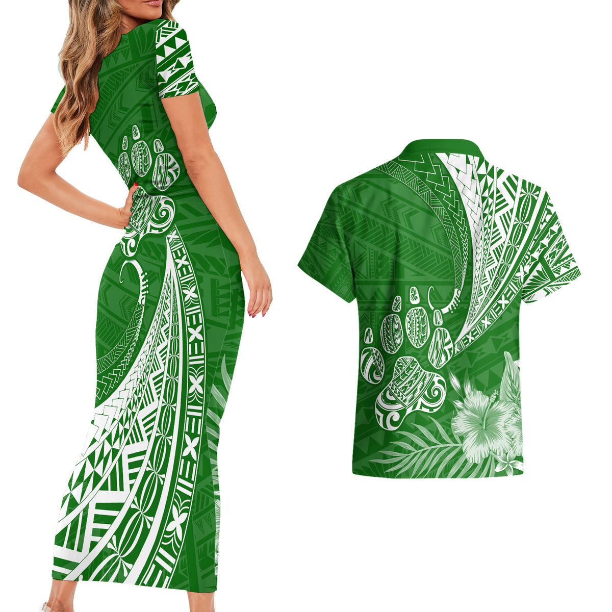 Personalised Polynesian Pacific Bulldog Couples Matching Short Sleeve Bodycon Dress and Hawaiian Shirt With Emerald Hawaii Tribal Tattoo Patterns LT7 - Wonder Print Shop