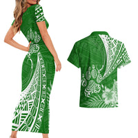 Personalised Polynesian Pacific Bulldog Couples Matching Short Sleeve Bodycon Dress and Hawaiian Shirt With Emerald Hawaii Tribal Tattoo Patterns LT7 - Wonder Print Shop