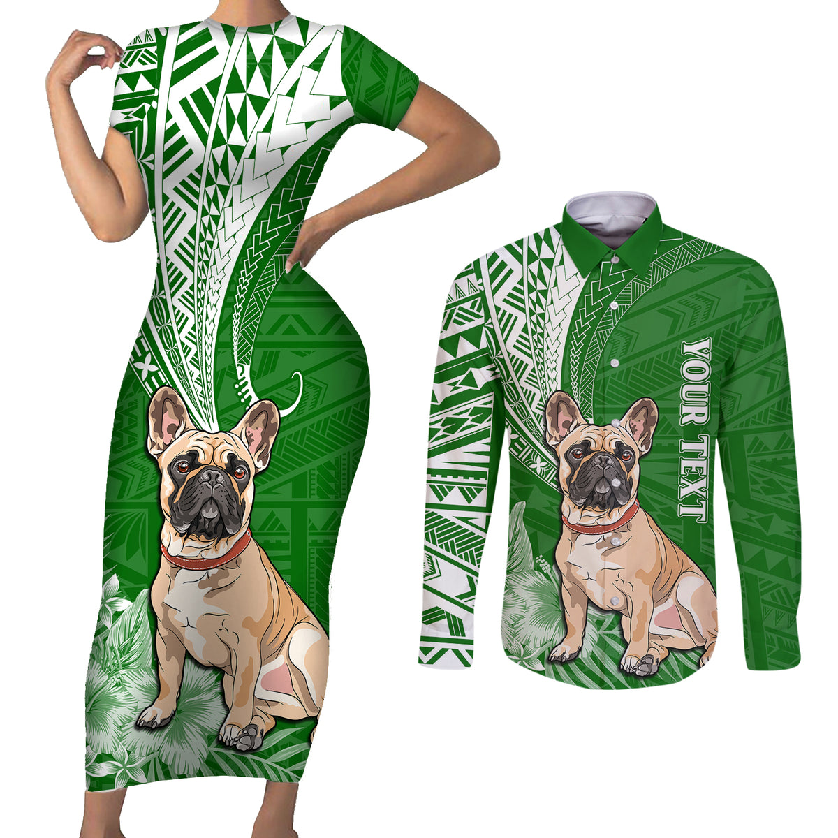 Personalised Polynesian Pacific Bulldog Couples Matching Short Sleeve Bodycon Dress and Long Sleeve Button Shirts With Emerald Hawaii Tribal Tattoo Patterns LT7 - Wonder Print Shop