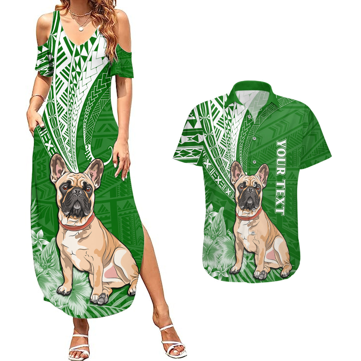 Personalised Polynesian Pacific Bulldog Couples Matching Summer Maxi Dress and Hawaiian Shirt With Emerald Hawaii Tribal Tattoo Patterns LT7 - Wonder Print Shop