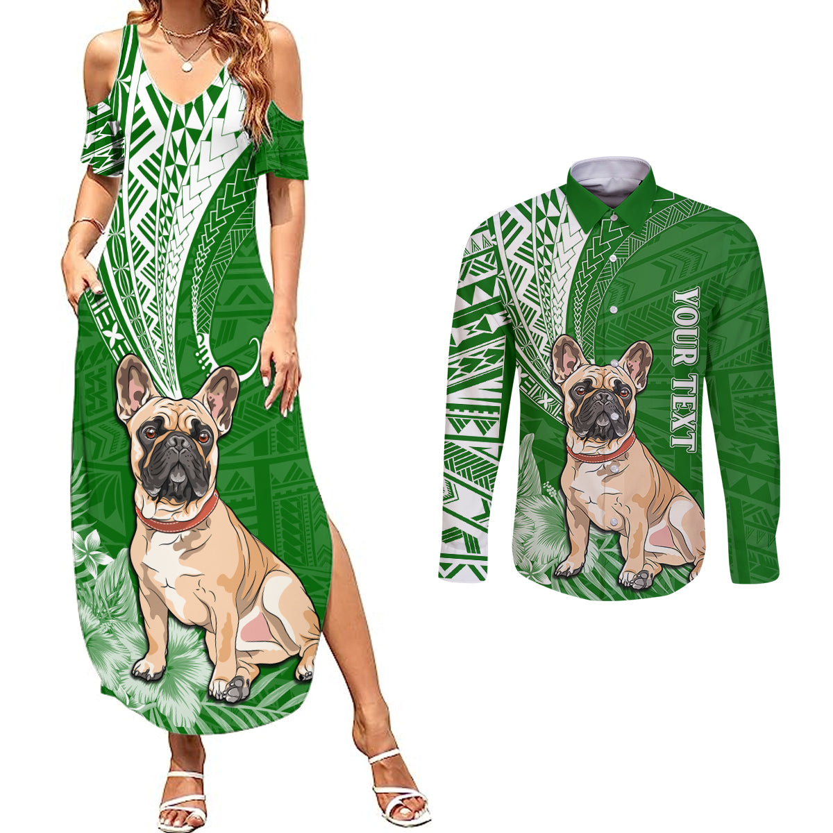 Personalised Polynesian Pacific Bulldog Couples Matching Summer Maxi Dress and Long Sleeve Button Shirts With Emerald Hawaii Tribal Tattoo Patterns LT7 - Wonder Print Shop