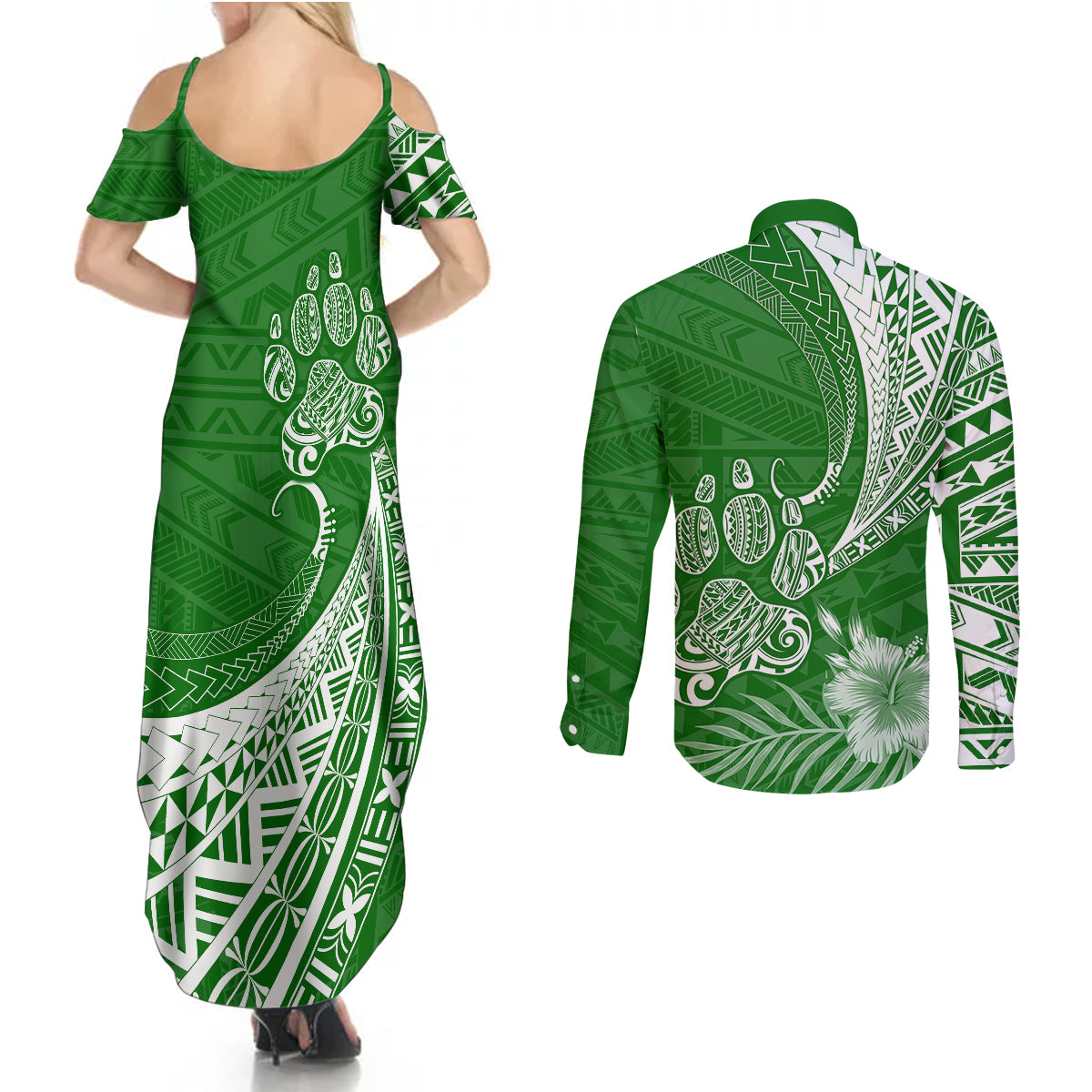 Personalised Polynesian Pacific Bulldog Couples Matching Summer Maxi Dress and Long Sleeve Button Shirts With Emerald Hawaii Tribal Tattoo Patterns LT7 - Wonder Print Shop