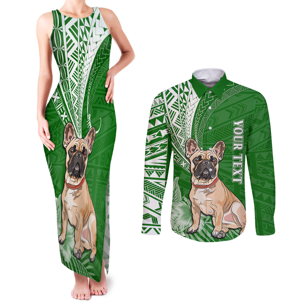 Personalised Polynesian Pacific Bulldog Couples Matching Tank Maxi Dress and Long Sleeve Button Shirts With Emerald Hawaii Tribal Tattoo Patterns LT7 - Wonder Print Shop
