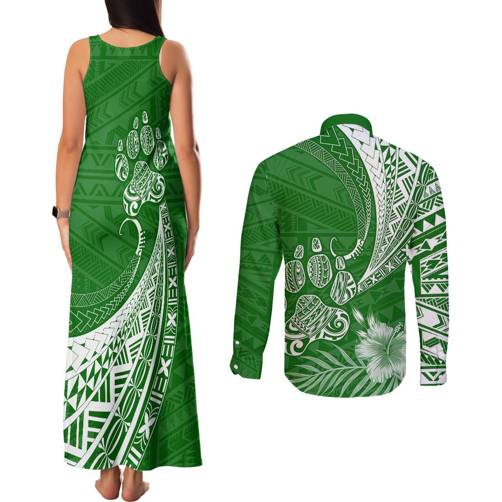 Personalised Polynesian Pacific Bulldog Couples Matching Tank Maxi Dress and Long Sleeve Button Shirts With Emerald Hawaii Tribal Tattoo Patterns LT7 - Wonder Print Shop