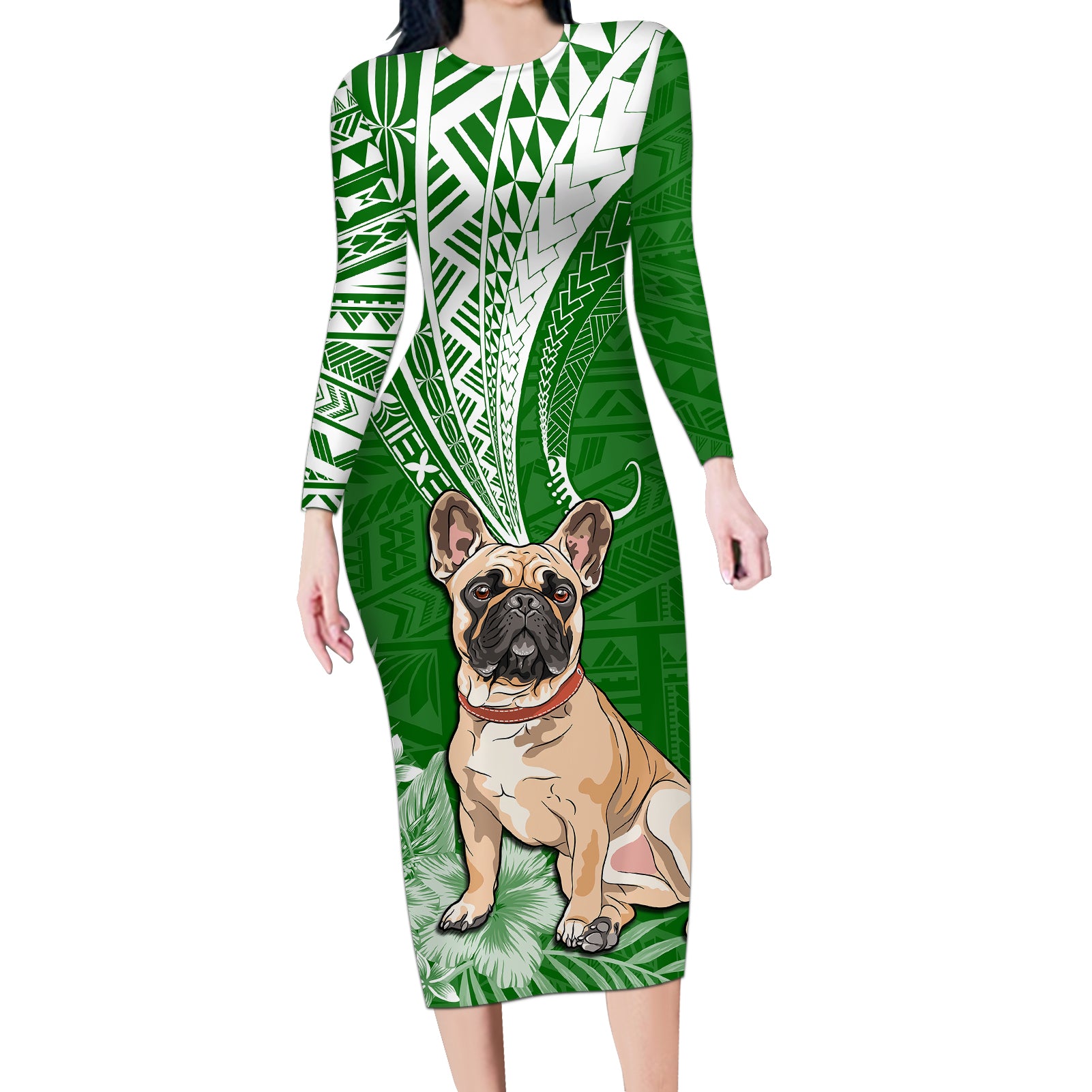 Personalised Polynesian Pacific Bulldog Long Sleeve Bodycon Dress With Emerald Hawaii Tribal Tattoo Patterns - Wonder Print Shop
