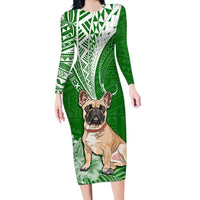 Personalised Polynesian Pacific Bulldog Long Sleeve Bodycon Dress With Emerald Hawaii Tribal Tattoo Patterns - Wonder Print Shop