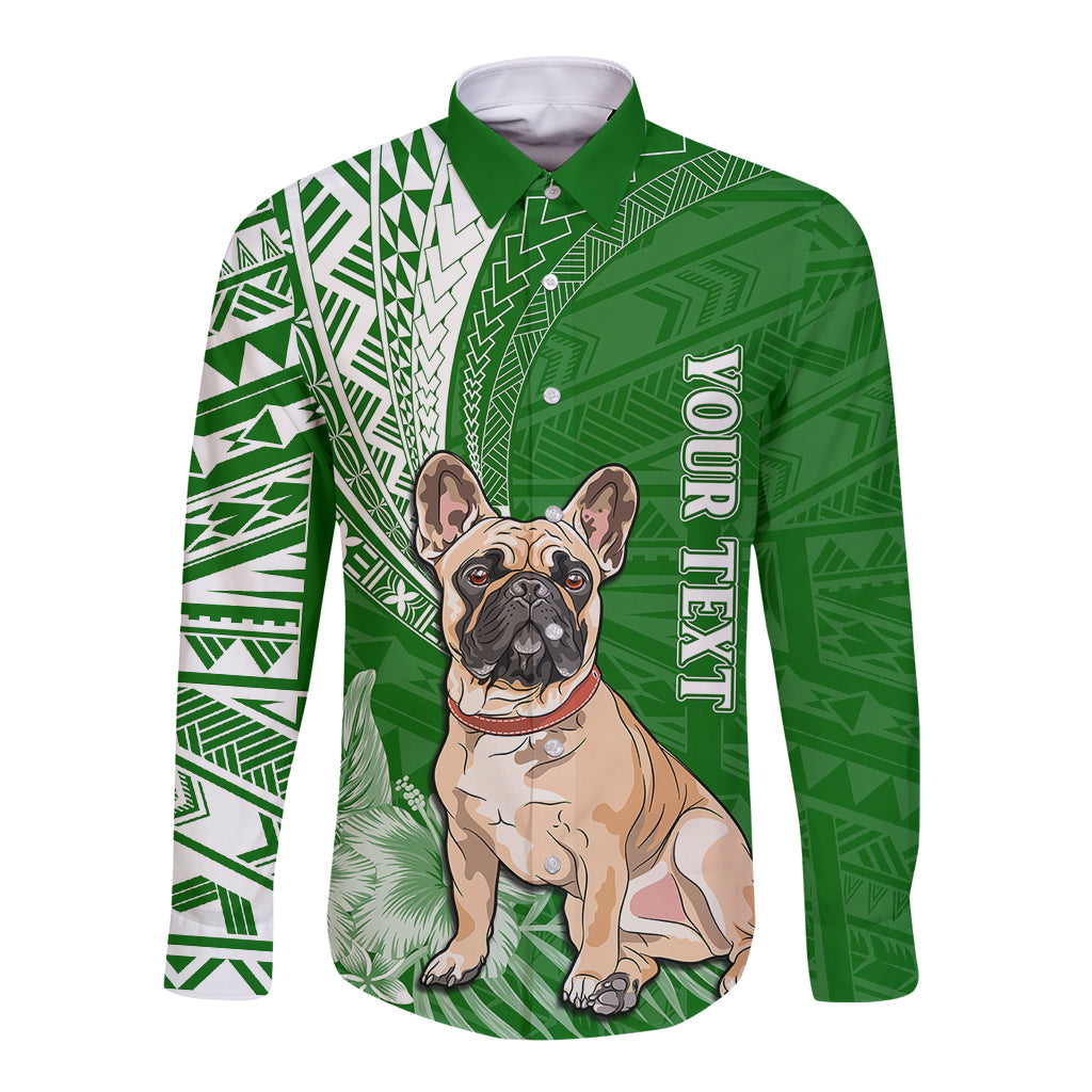 Personalised Polynesian Pacific Bulldog Long Sleeve Button Shirt With Emerald Hawaii Tribal Tattoo Patterns - Wonder Print Shop