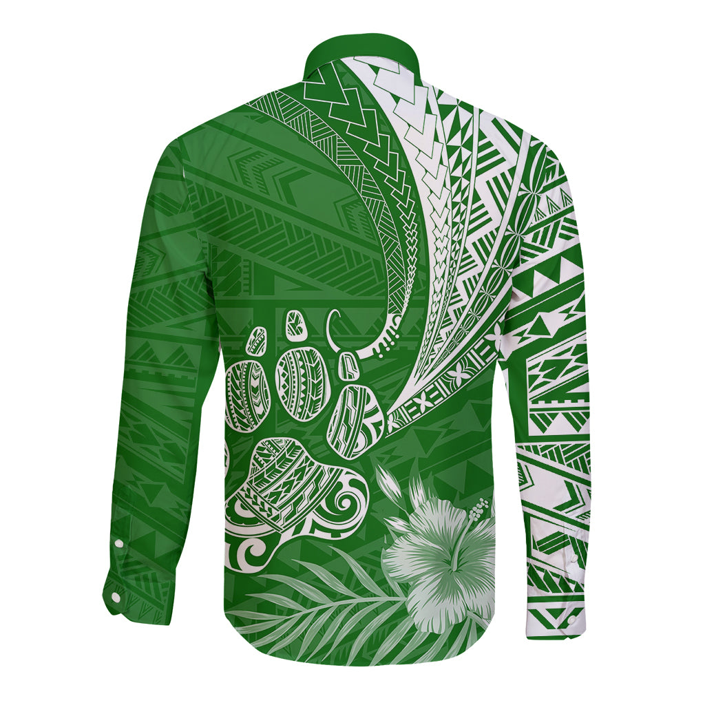 Personalised Polynesian Pacific Bulldog Long Sleeve Button Shirt With Emerald Hawaii Tribal Tattoo Patterns - Wonder Print Shop