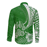 Personalised Polynesian Pacific Bulldog Long Sleeve Button Shirt With Emerald Hawaii Tribal Tattoo Patterns - Wonder Print Shop